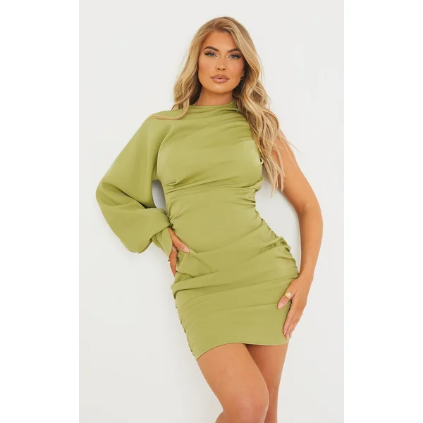 Sage Green One Sleeve Ruched Woven Bodycon Dress