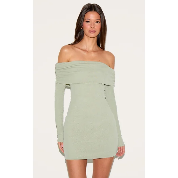 Sage Green Onion Skin Bardot Ruched Bodycon Dress