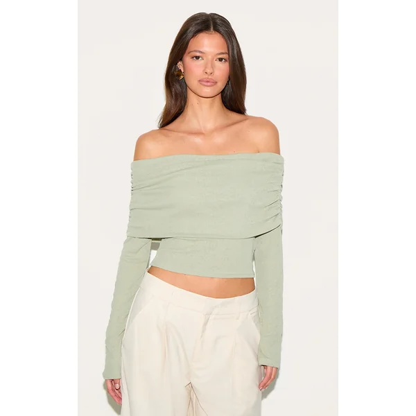 Sage Green Onion Skin Bardot Ruched Top