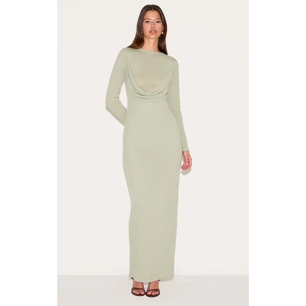 Sage Green Onion Skin Drape Detail Long Sleeve Maxi Dress