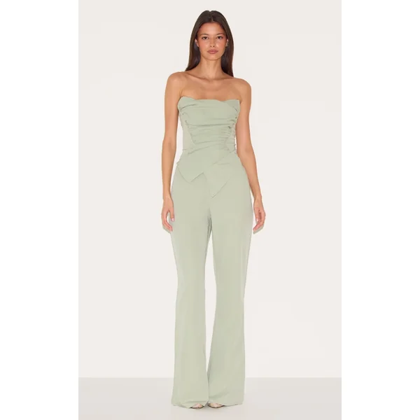 Sage Green Ruch Pointed Corset Bandeau Jumpsuit