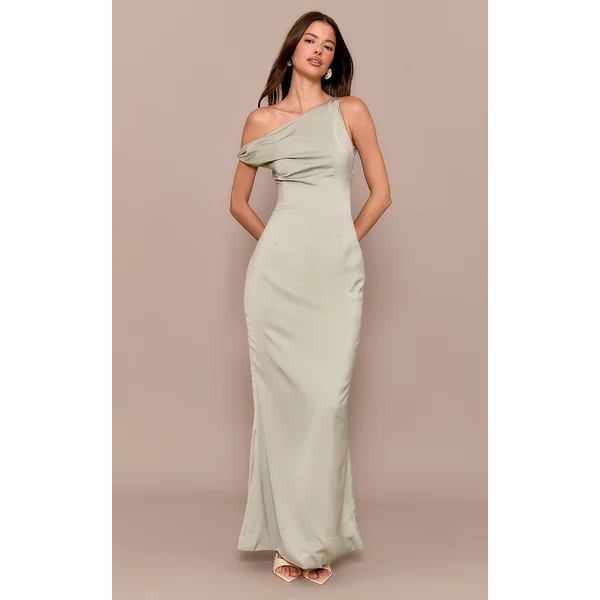 Sage Green Satin Asymmetric Bardot Twist Maxi Dress