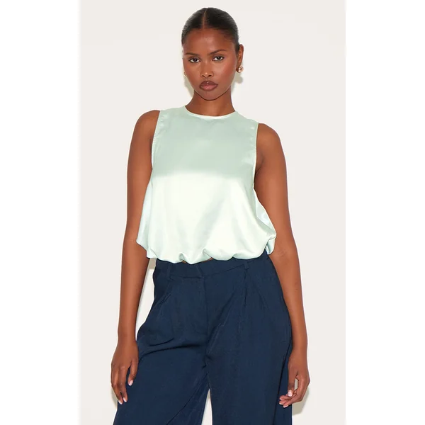 Sage Green Satin Bubble Hem Top