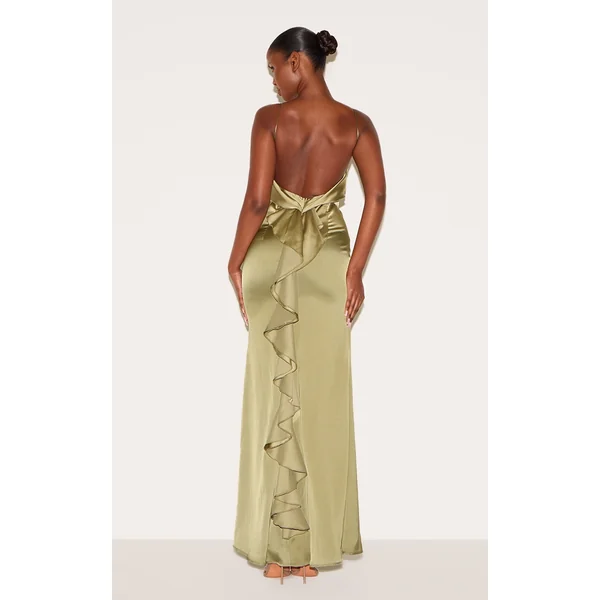 Sage Green Satin Draped Frill Back Detail Maxi Dress