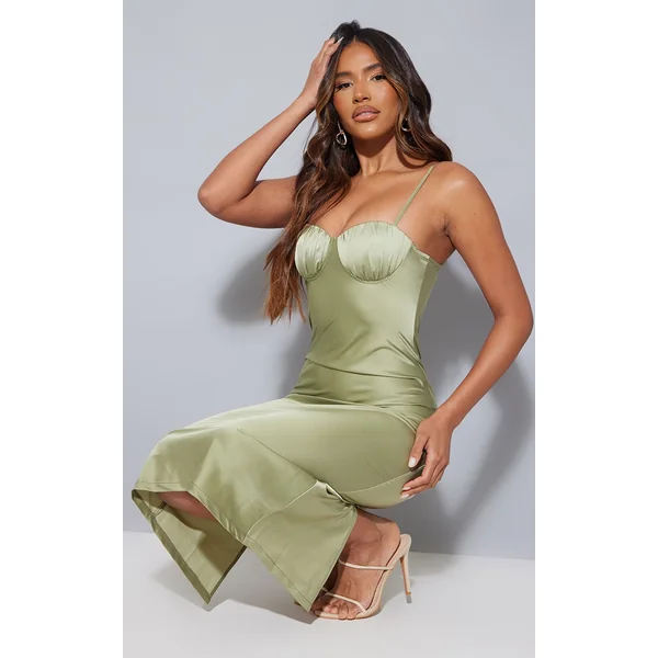 Sage Green Satin Ruched Cup Strappy Midi Dress
