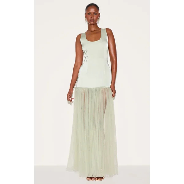 Sage Green Scoop Neck Drop Waist Maxi Dress