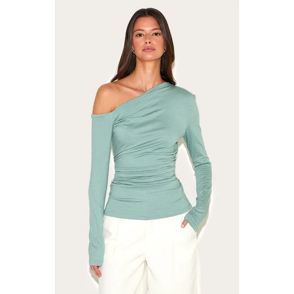 Sage Green Soft Cotton Asymmetric Ruched Long Sleeve Top