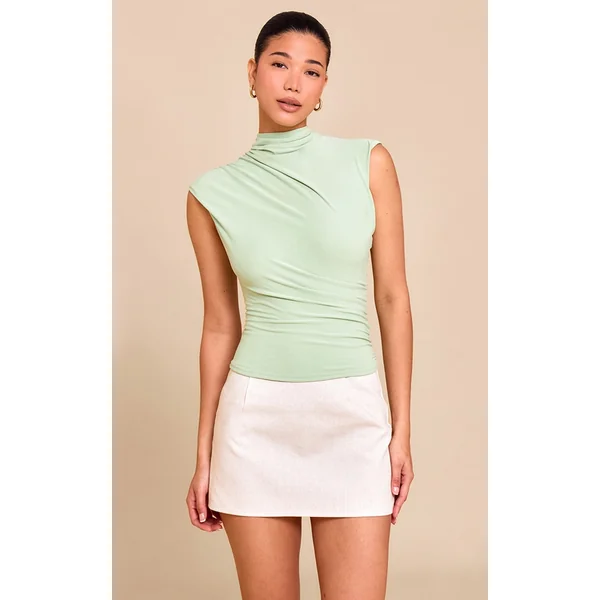 Sage Green Soft Touch Ruched Detail Long Top