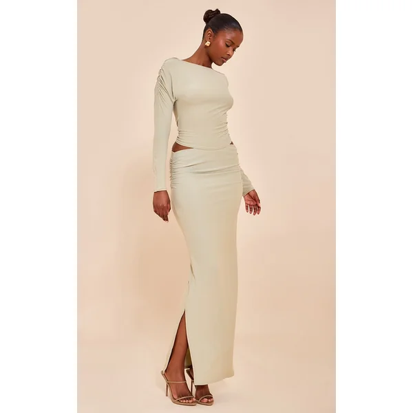 Sage Green Soft Touch Ruched Waist Maxi Skirt