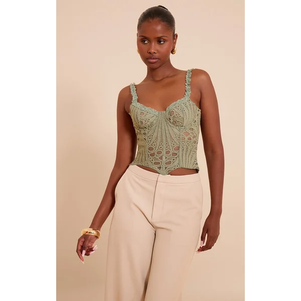 Sage Green Strappy Textured Sheer Floral Lace Corset