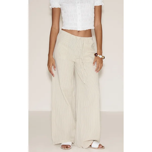 Sage Green Stripe Cotton Drawstring Mid Rise Pants