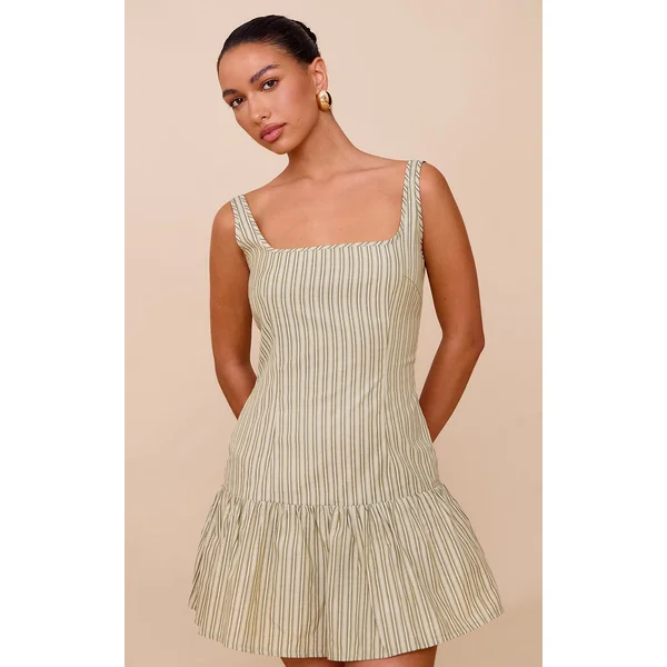 Sage Green Striped Sleeveless Straight Neck Shift Dress