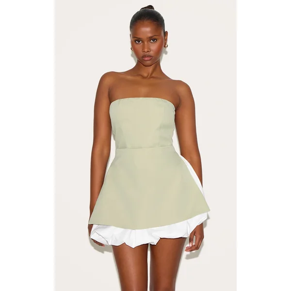 Sage Green Tailored Bandeau Puffball Hem Shift Dress