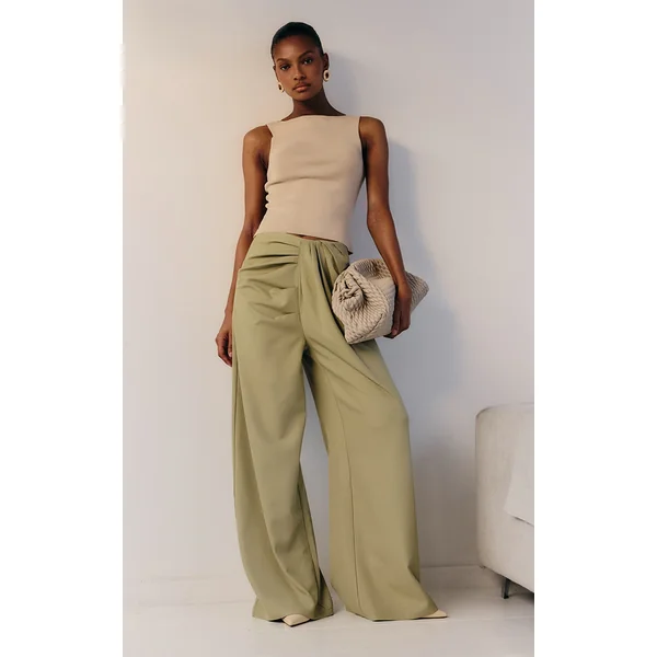 Sage Green Tailored Woven Pleat Detail Wide Leg Pants