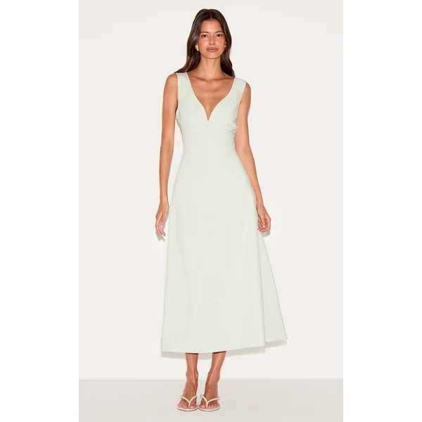 Sage Green Tailored Woven Plunge Button Down Midi Dress