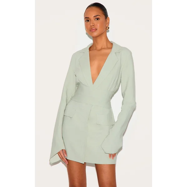 Sage Green Woven Belted Blazer Dress
