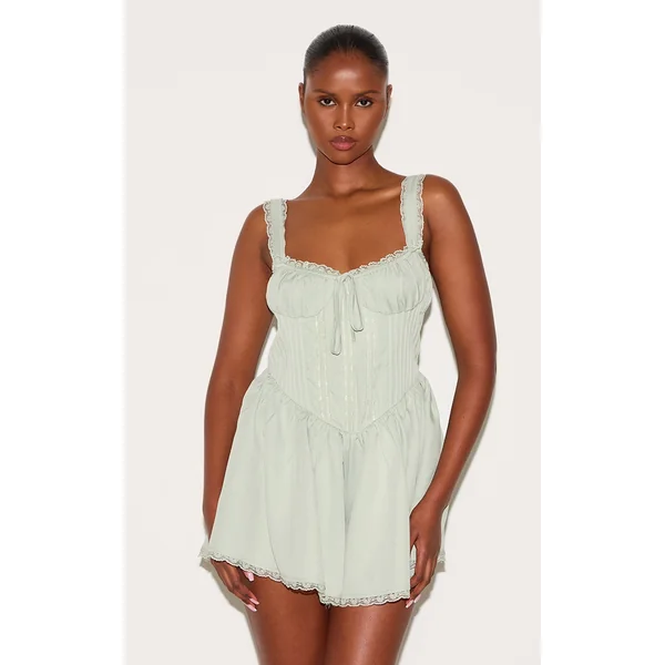 Sage Green Woven Lace Detail Strappy Romper