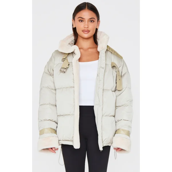 Sage Khaki Buckle Trim Detail Puffer Jacket