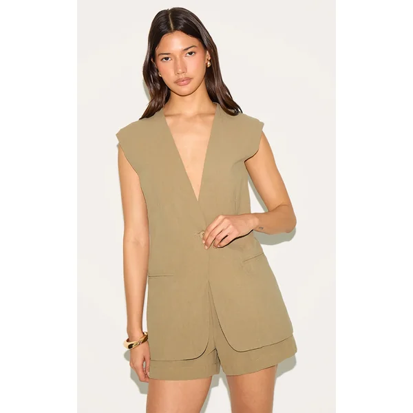 Sage Khaki Linen Look Longline Vest