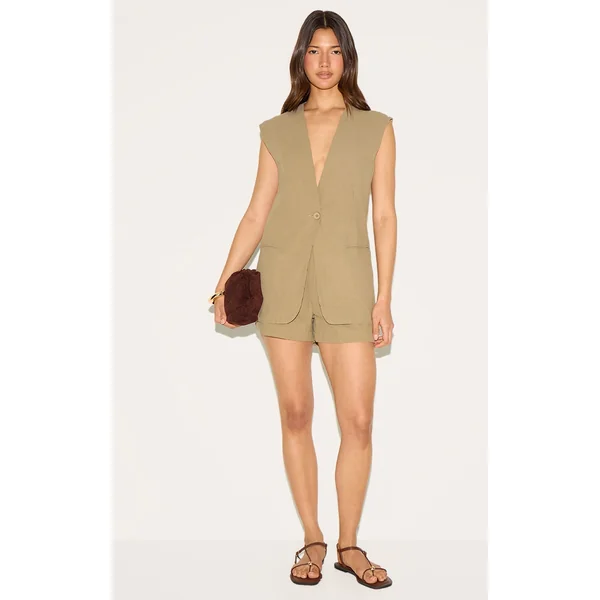 Sage Khaki Linen Look Woven Tailored Shorts