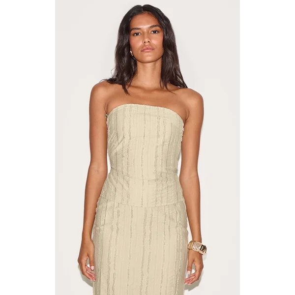 Sage Khaki Textured Frayed Bandeau Top