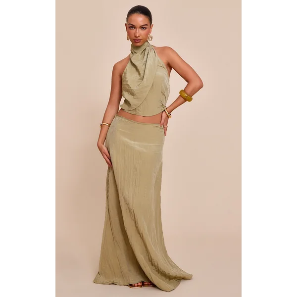 Sage Khaki Textured Woven Floaty Maxi Skirt
