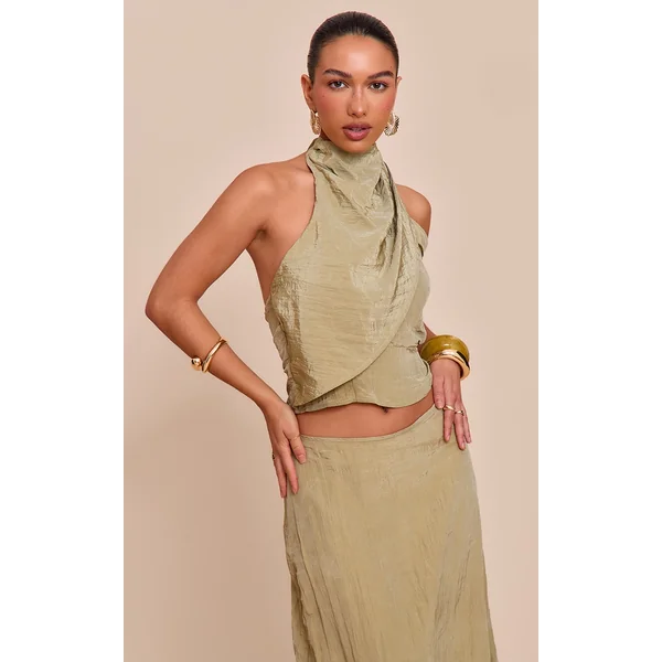 Sage Khaki Textured Woven Halterneck Top
