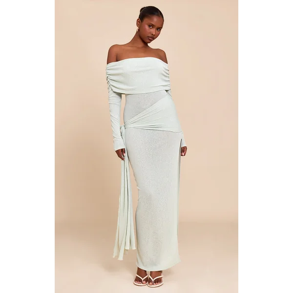 Sage Onion Skin Bardot Tie Waist Maxi Dress
