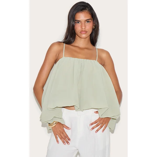 Sage Puffball Chiffon Spaghetti Strap Cami