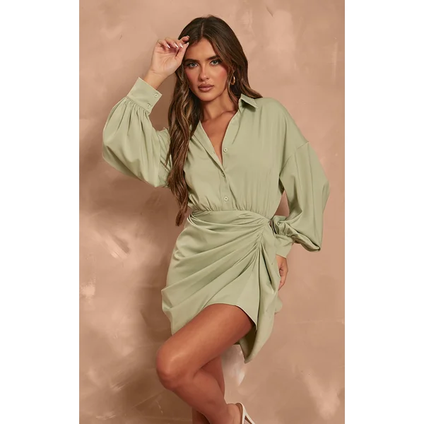 Sage Satin Drape Skirt Oversized Sleeve Shirt Dress