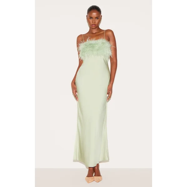 Sage Satin Feather Bust Detail Strappy Maxi Dress