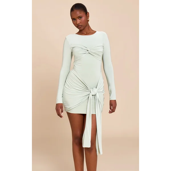 Sage Slinky Long Sleeve Wrap Twist Detail Mini Dress