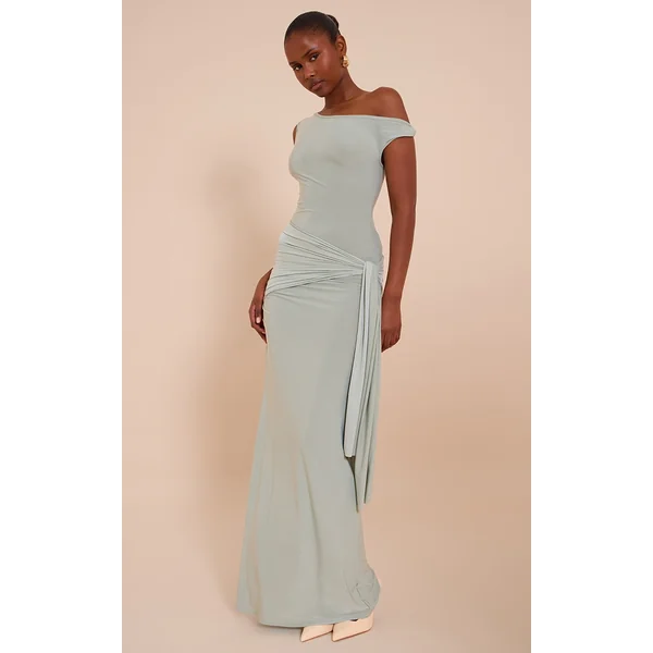 Sage Slinky Off Shoulder Wrap Detail Maxi Dress