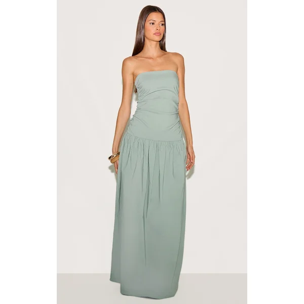Sage Stretch Woven Bandeau Ruched Maxi Dress