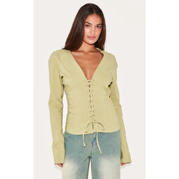 Sage Stretch Woven Tie Front Fitted Shirt