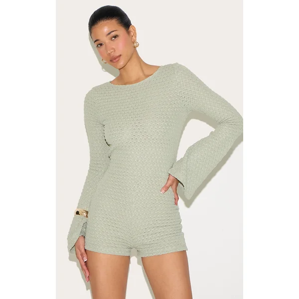 Sage Textured Jersey Long Sleeve Cut Out Back Unitard