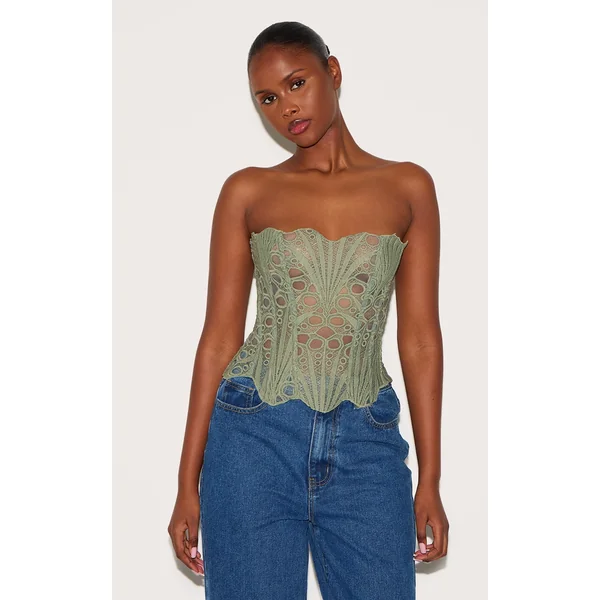 Sage Textured Sheer Floral Lace Corset