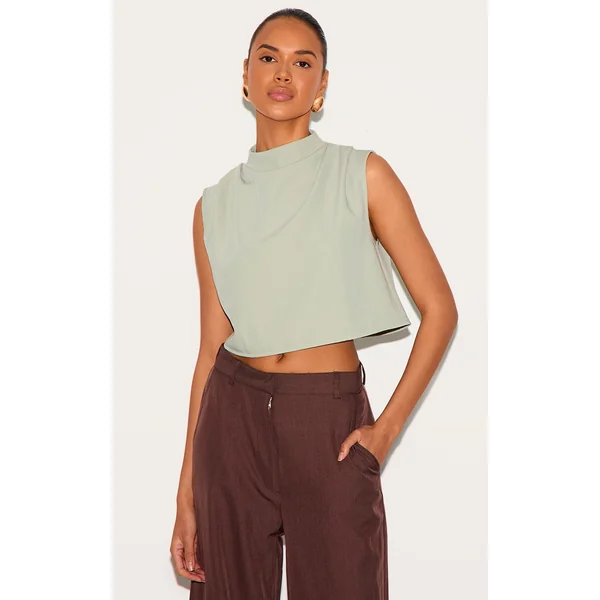 Sage Woven Pleated Boxy Top