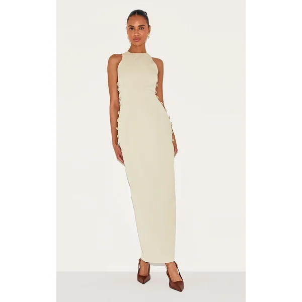 Sage Woven Racer Button Detail Midaxi Dress