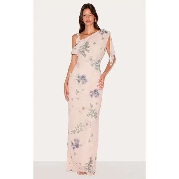 Sand Abstract Printed Chiffon Draped Maxi Dress