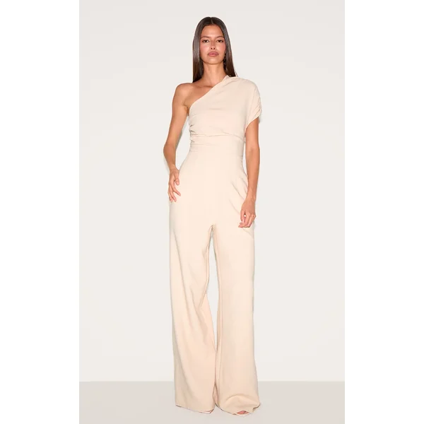Sand Asymmetric Ruched Wide Leg Jumpsuit
