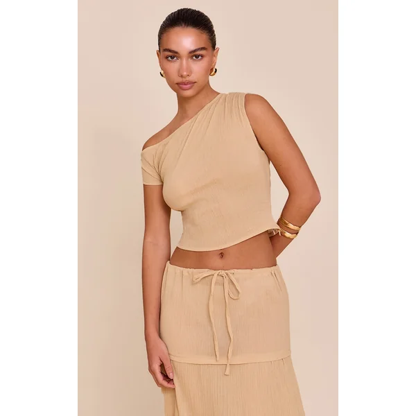 Sand Cheesecloth Off The Shoulder Asymmetric Top