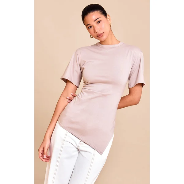 Sand Cotton Ruched Side Asymmetric Hem T-shirt