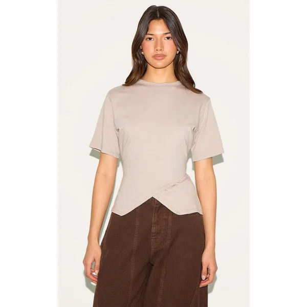 Sand Cotton Ruched Side Detail T Shirt