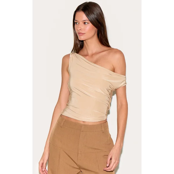 Sand Double Layer Slinky Twist Arm Cowl Long Top