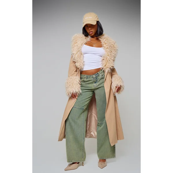 Sand Faux Fur Contrast Collar Self Tie Maxi Coat