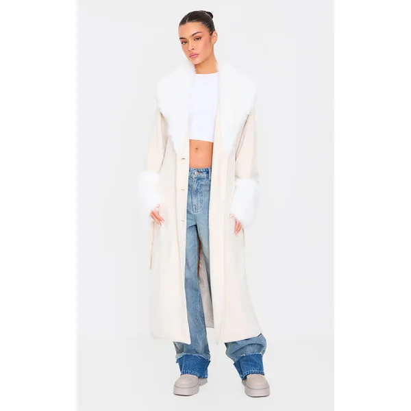 Sand Faux Fur Trim Contrast Faux Suede Coat