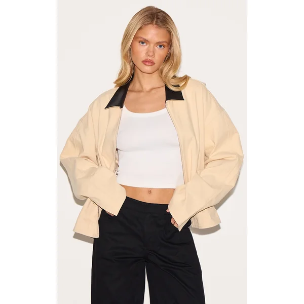 Sand Faux Leather Collar Oversized Cotton Jacket