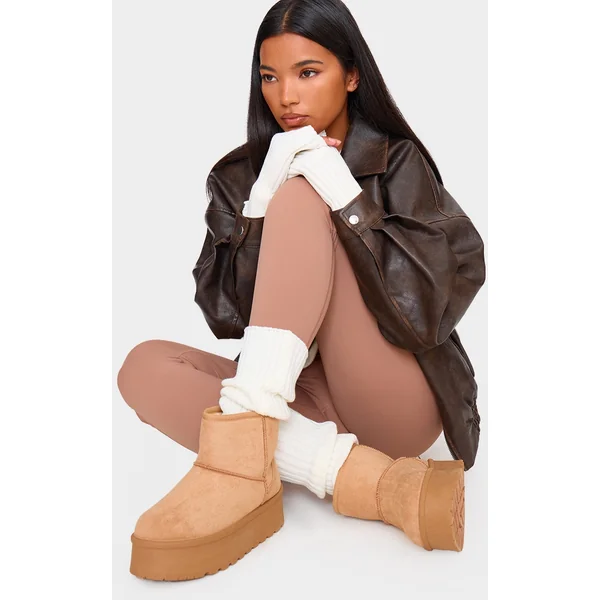 Sand Faux Suede Cleated Ankle Platform Boots