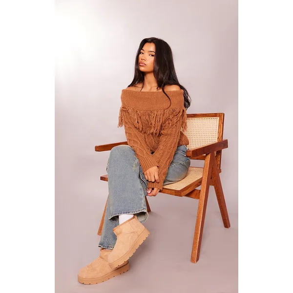 Sand Faux Suede Cleated Mini Ankle Boots